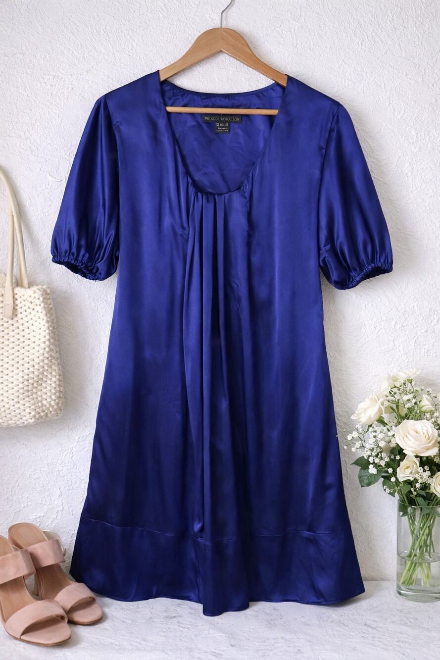 French Connection Silk Dress Blue Puff Sleeve Pleated Size 2